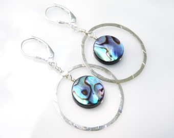 Silver Hoop Dangle Earrings, Abalone Shell in Sterling Silver, Teal Blue Paua Statement Jewelry, Modern Beach Wedding Earrings Gift