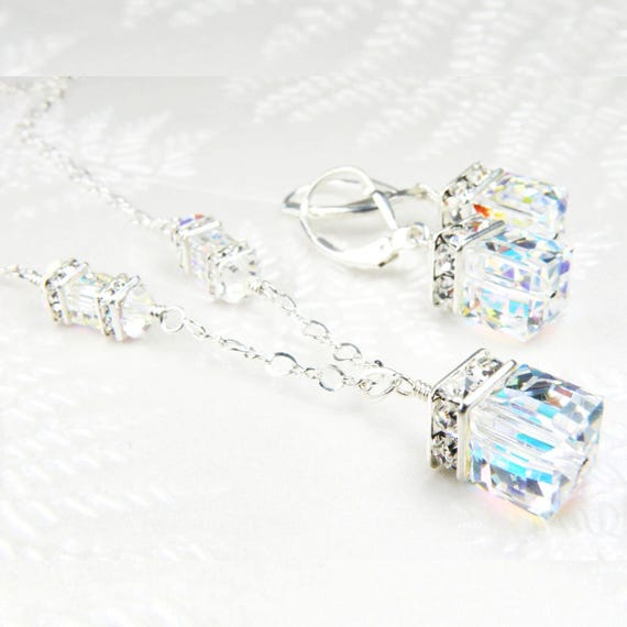 Modern Crystal Wedding Jewelry Set, Sterling Silver or Gold Filled, Clear Opal Crystal Cube Elements, Bride Necklace and Earrings Gift