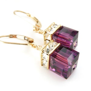 Gold Amethyst Crystal Earrings, Purple Plum Swarovski Cube Dangle Bridesmaids Wedding Jewelry, February Birthday Birthstone Gift image 1