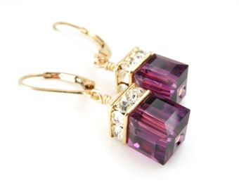 Gold Amethyst Crystal Earrings, Purple Plum Swarovski Cube Dangle Bridesmaids Wedding Jewelry, February Birthday Birthstone Gift