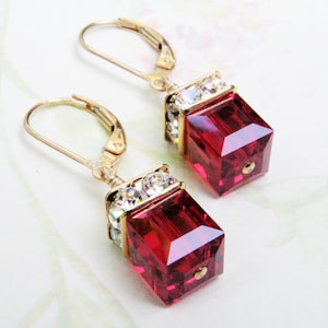 Garnet Swarovski Crystal Earrings, Red Cube Dangle, Gold Filled or Sterling Silver, January Birthday Birthstone Jewelry, Modern Wedding Gift