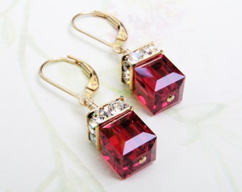 Garnet Swarovski Crystal Earrings, Red Cube Dangle, Gold Filled or Sterling Silver, January Birthday Birthstone Jewelry, Modern Wedding Gift