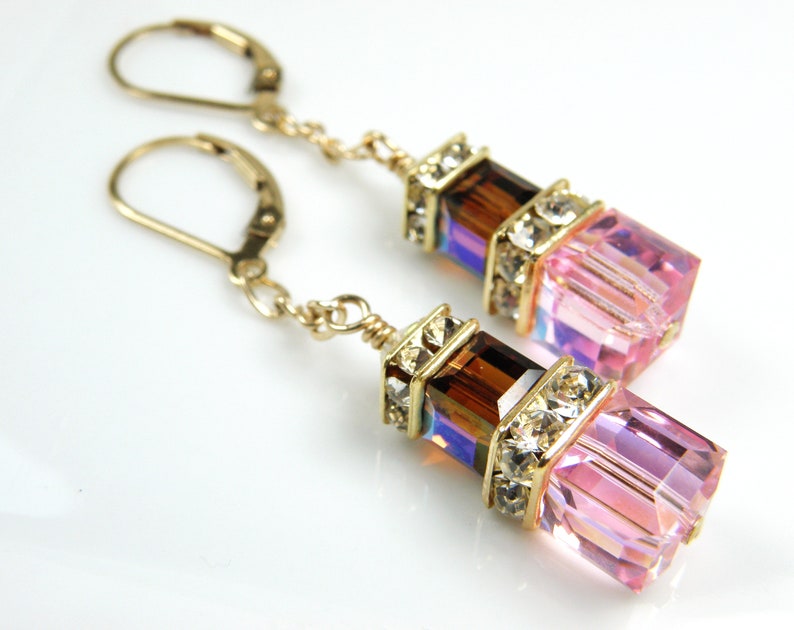 Pink Chocolate Earrings Swarovski Crystal Cube Dangle | Etsy