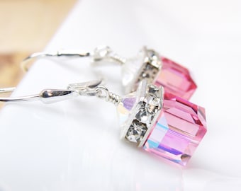 Pink Drop Earrings, Swarovski Crystal Cube, Sterling Silver, Bridesmaid Wedding Dangle, Modern Pink Topaz Jewelry, October Birthday Gift