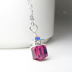 Ruby Crystal Necklace, Crystal Cube Pendant, Gold Filled, Sterling Silver, Fuchsia Wedding Jewelry, Bridesmaids Gift, July Birthday image 5