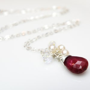 Genuine Ruby Necklace with Pearls, Sterling Silver, Real Gemstone Pendant, Deep Red Ruby Stone, July Natural Birthstone, Women Birthday Gift image 4