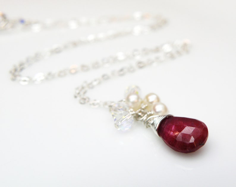 Genuine Ruby Necklace with Pearls, Sterling Silver, Real Gemstone Pendant, Deep Red Ruby Stone, July Natural Birthstone, Women Birthday Gift image 4