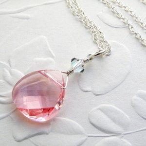 Light Pink Teardrop Necklace, Blush Swarovski Crystal Pendant, Sterling Silver, Bridesmaids Wedding Necklace, Pink Topaz October Gift