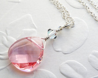 Light Pink Teardrop Necklace, Blush Swarovski Crystal Pendant, Sterling Silver, Bridesmaids Wedding Necklace, Pink Topaz October Gift