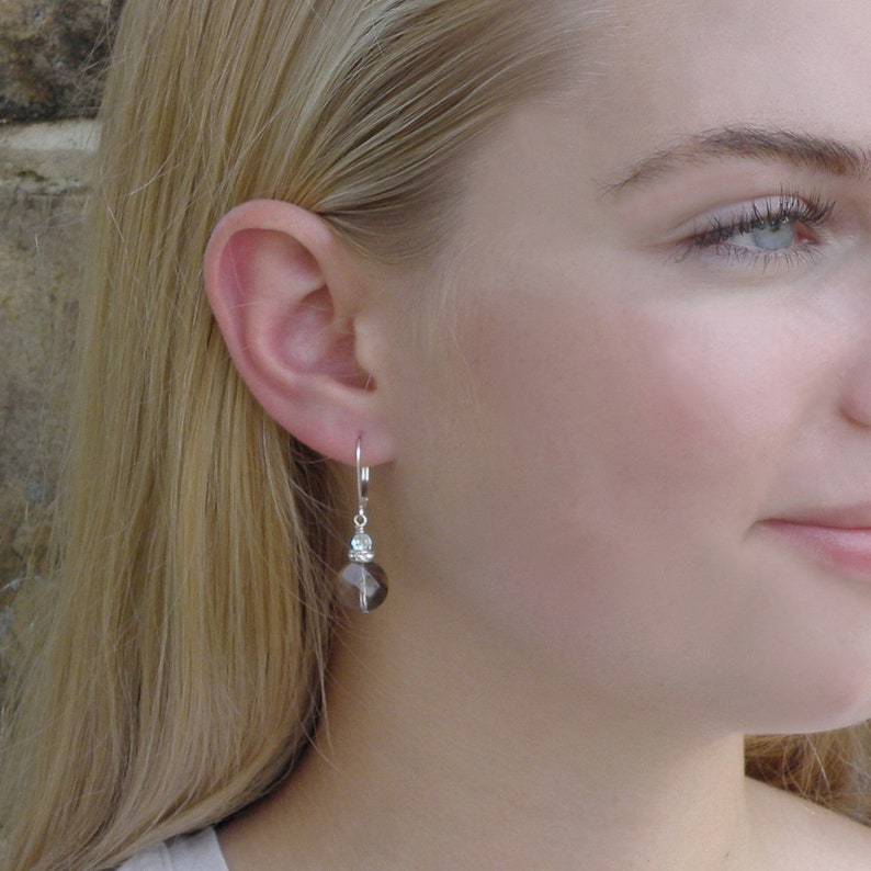 Brown Coin Stone Earrings Smoky Quartz Earrings Short Dangle Earrings Taupe Bridesmaids Wedding Jewelry Autumn Fashion Sterling Silver