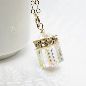 Swarovski Crystal Necklace, Gold Filled Cube Pendant, Bridesmaid Necklace Modern Wedding Jewelry, April Birthday Gift, Clear Birthstone