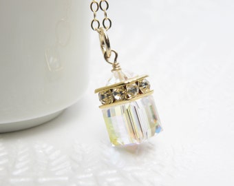 Swarovski Crystal Necklace, Gold Filled Cube Pendant, Bridesmaid Necklace Modern Wedding Jewelry, April Birthday Gift, Clear Birthstone