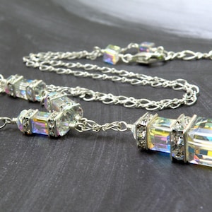Modern Crystal Cube Necklace, Clear Crystal Sterling Silver, Gold Filled, Diamond April Birthstone Gift, October Birthday Wedding Jewelry