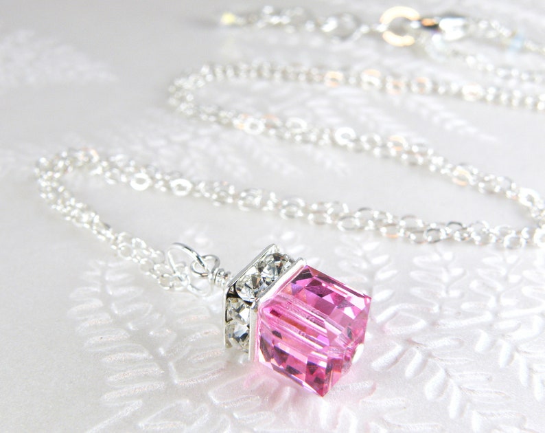 Pink Topaz Crystal Necklace, Sterling Silver, Gold Filled, Crystal Cube Jewelry, October Birthday Birthstone Gift, Spring Wedding image 3