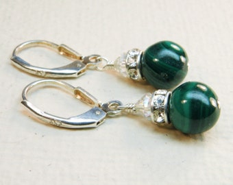 Forest Green Earrings, Sterling Silver, Malachite Stone Dangle Earrings, Emerald Green Drop Bridesmaid Earrings, Fall Wedding Jewelry