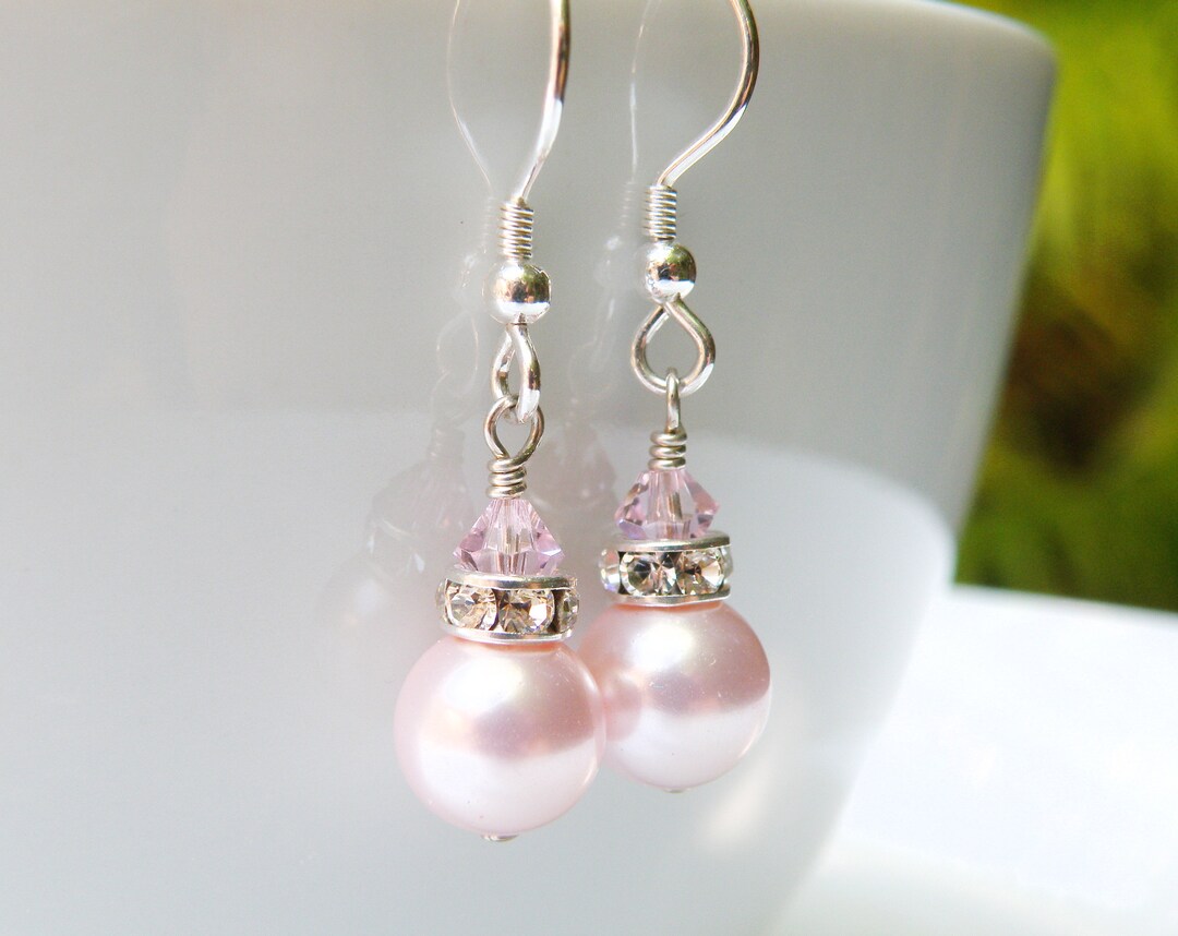 Short Drop Pink Pearl Earrings, Sterling Silver or Gold Filled, Rose Petal Swarovski Pearl ...
