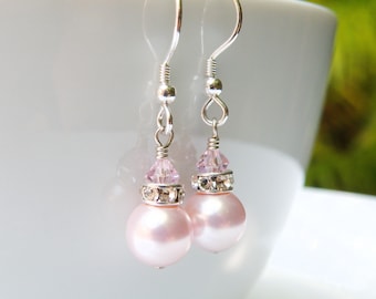 Short Drop Pink Pearl Earrings, Sterling Silver or Gold Filled, Rose Petal Swarovski Pearl Bridesmaids Earrings, Blush Wedding Jewelry Gift
