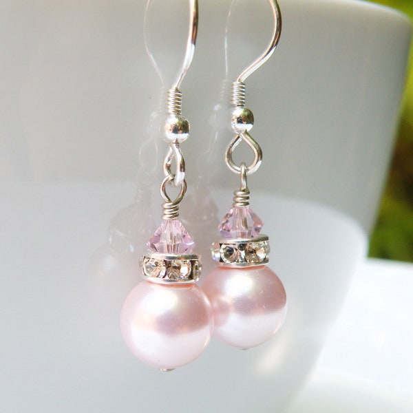 Short Drop Pink Pearl Earrings, Sterling Silver or Gold Filled, Rose Petal Swarovski Pearl Bridesmaids Earrings, Blush Wedding Jewelry Gift