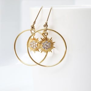 Sunburst Gold Hoop Earrings, Circle Statement Earrings, Starburst Dangle Earrings, Large Loop Summer Fun Jewelry Gift for Her
