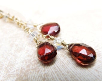 Garnet Y Drop Necklace, Gold Filled, Red Gemstone Birthstone Jewelry, January Birthday Gift, Garnet Pendant, Triple Teardrop Necklace