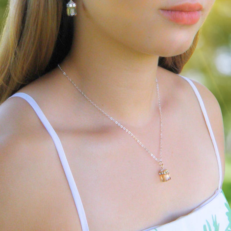 Smoky Quartz Crystal Necklace, Sterling Silver or Gold, Brown Crystal Cube Pendant, Fall Wedding Jewelry, Modern Bridesmaids Gift image 2