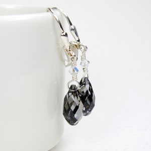 Charcoal Gray Crystal Earrings, Sterling Silver, Petite Teardrop Swarovski, Black Diamond Bridesmaids Dangle Earrings, Wedding Jewelry Gift image 3