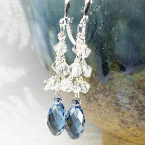 Swarovski Crystal Dangle Earrings, Sterling Silver or 14k Gold Filled Clear Cluster Earrings, Wedding Bridal Teardrop Jewelry for Women Denim Blue Crystal