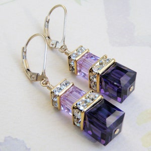 Dark Purple Earrings, Swarovski Crystal Cube, Gold Filled, Modern Bridesmaid Earrings, Ultra Violet Wedding Jewelry, Gift for Women image 2