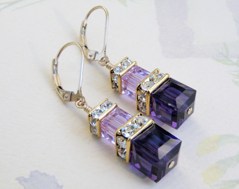 Dark Purple Earrings, Swarovski Crystal Cube, Gold Filled, Modern Bridesmaid Earrings, Ultra Violet Wedding Jewelry, Gift for Women image 2