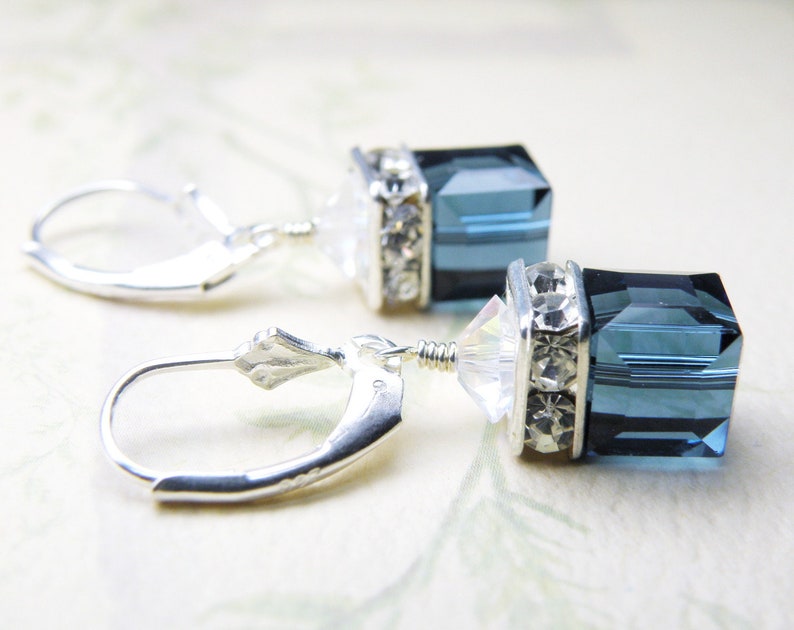 Sapphire Crystal Earrings, Blue Swarovski Crystal Cube, Sterling Silver Drop September Birthday Gift, Bridesmaid Earrings Wedding Jewelry image 3