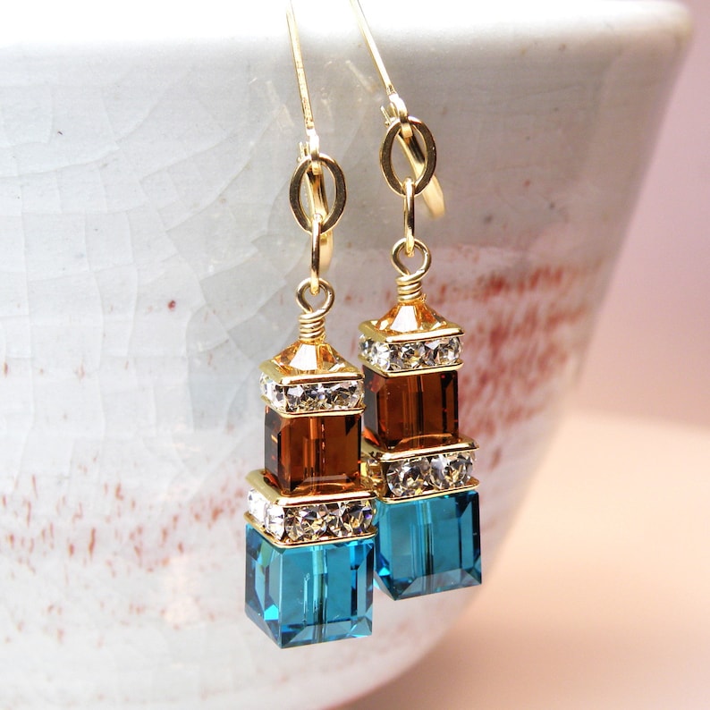 Teal and Chocolate Earrings, Gold Filled, Blue and Brown Swarovski Cube Dangle Earrings, Custom Bridesmaid Autumn Wedding Handmade Jewelry image 2