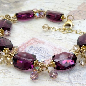 Amethyst Swarovski Crystal Bracelet Gold Filled, Warm Purple Wedding Jewelry Mother of the Bride Bracelet, February Birthday Birthstone Gift