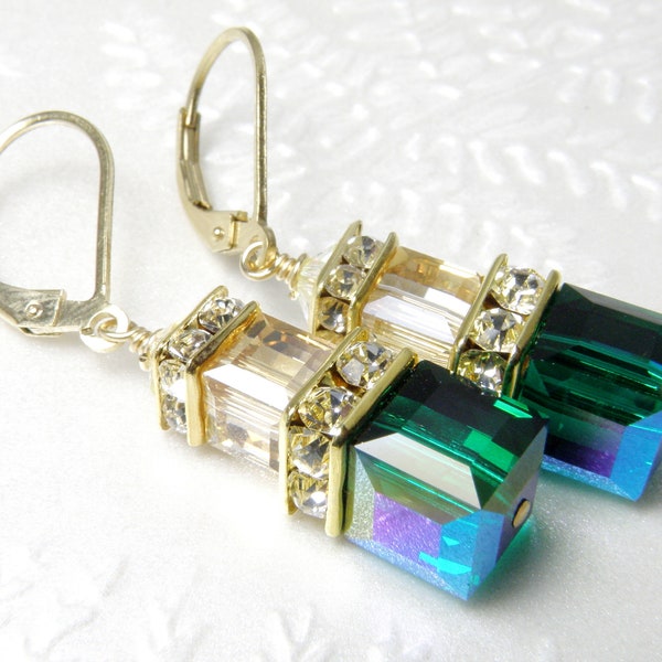 Emerald Green Earrings, Gold Filled, Swarovski Crystal Cube, Bridesmaid Dangle Autumn Wedding Jewelry, May Birthstone Birthday Gift