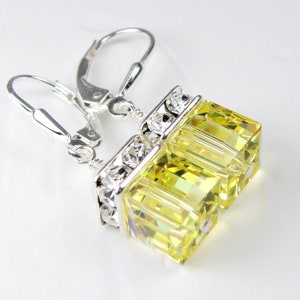 Lemon Yellow Crystal Cube Earrings, Sterling Silver, Gold Filled, Pale Citrine Swarovski Crystal Dangle Spring Wedding Jewelry November Gift image 2