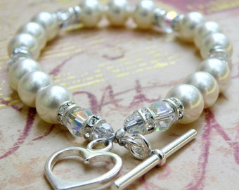 Wedding Pearl Bracelet, Sterling Silver Heart Toggle Clasp, Classic White Bridal Bracelet, Swarovski Crystal Pearls, Handmade Bride Jewelry