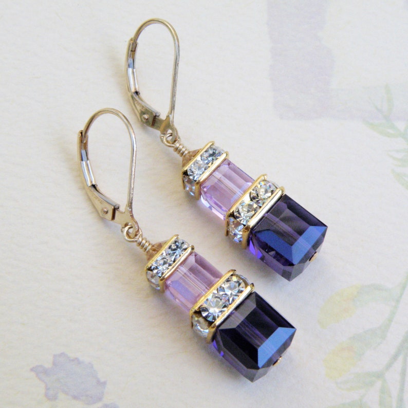 Dark Purple Earrings, Swarovski Crystal Cube, Gold Filled, Modern Bridesmaid Earrings, Ultra Violet Wedding Jewelry, Gift for Women image 3
