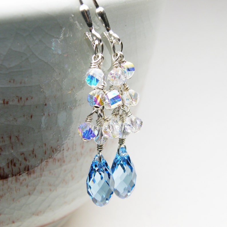 Swarovski Crystal Dangle Earrings, Sterling Silver or 14k Gold Filled Clear Cluster Earrings, Wedding Bridal Teardrop Jewelry for Women Blue Topaz Crystal