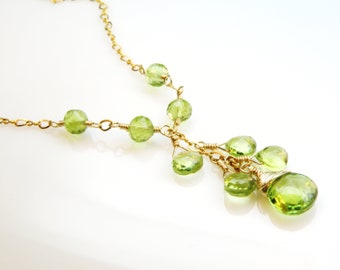 Natural Peridot Stone Necklace, Gold Filled, Green Gemstone Y Drop Necklace, August Birthstone Birthday Gift, Artisan Wedding Jewelry