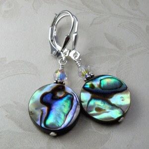 Flat Round Abalone Earrings, Sterling Silver Shell Jewelry, Paua Shell Earrings, Natural Teal Blue Mother of Pearl, Handmade Beach Jewelry image 2