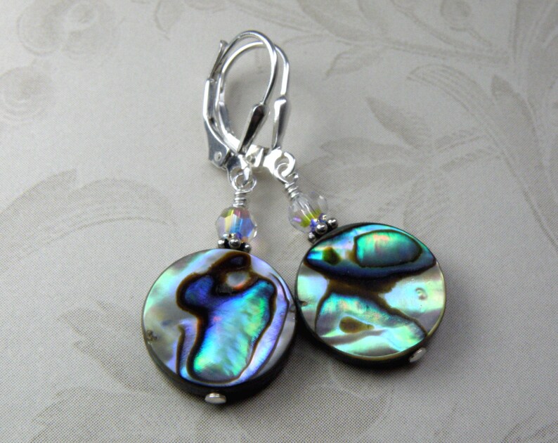 Flat Round Abalone Earrings, Sterling Silver Shell Jewelry, Paua Shell Earrings, Natural Teal Blue Mother of Pearl, Handmade Beach Jewelry image 2