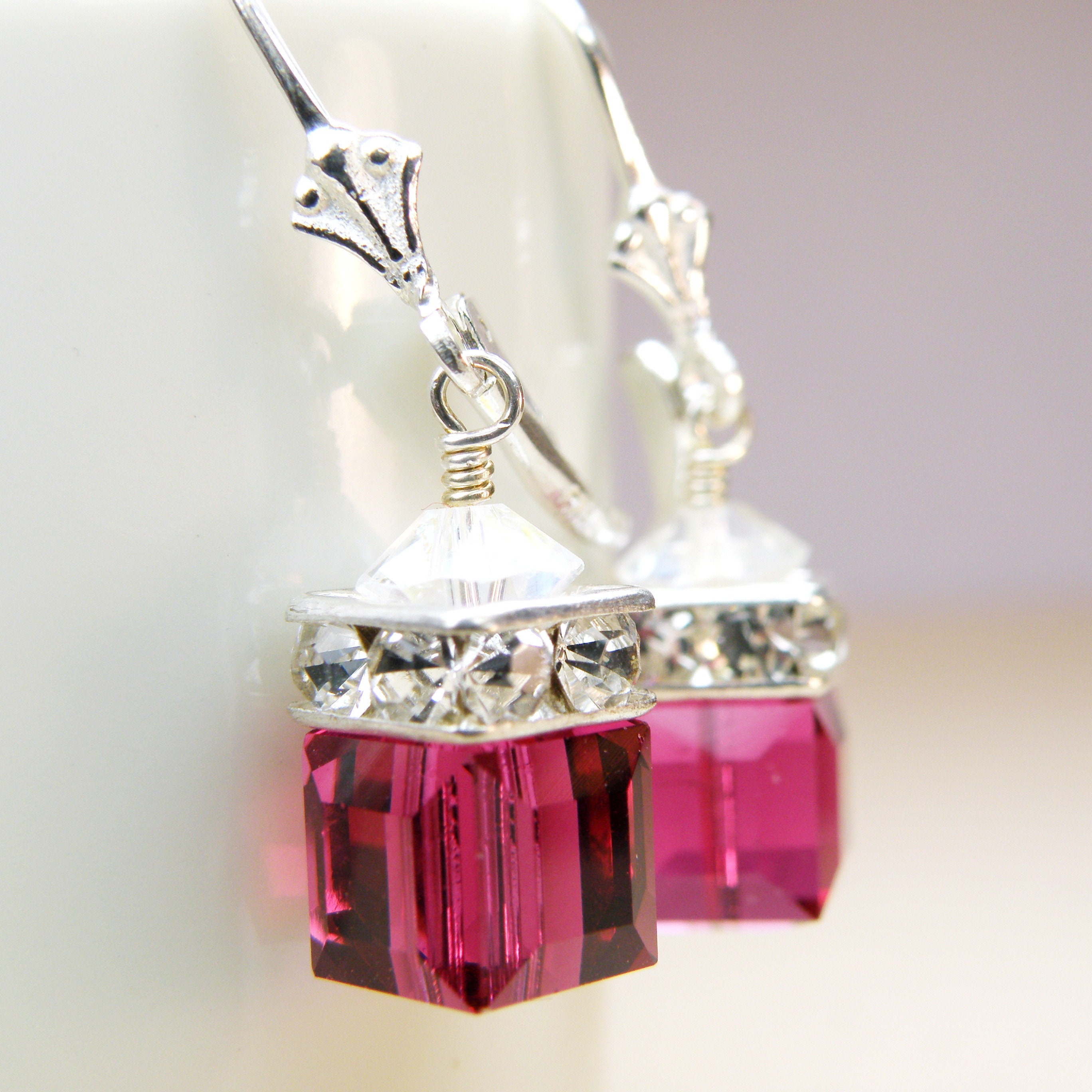 Drop Ruby Earrings Magenta Swarovski Crystal Cube Sterling | Etsy