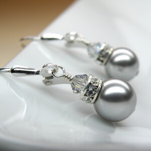 Classic Silver Pearl Earrings, Gray Bridesmaid Wedding Jewelry, Handmade Grey Swarovski Crystal Drop, Sterling Silver Bridal Party Gift