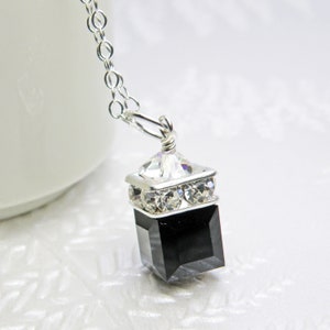 Black Onyx Cube Necklace, Swarovski Crystal Cube Pendant, Sterling Silver or Gold Filled, Modern Wedding Necklace, Autumn Jewelry Gift