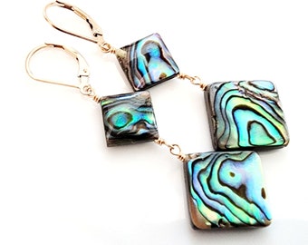 Dangle Drop Abalone Earrings, Paua Shell Diagonal Square, Gold Filled, Summer Beach Jewelry, Elegant Boho Ocean Jewelry