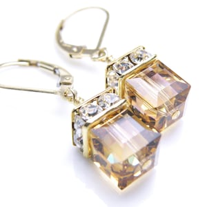 Yellow Topaz Crystal Earrings, Swarovski Cube Drop Earrings, Gold Filled, Bridesmaid Wedding Jewelry, November Birthday Birthstone Gift