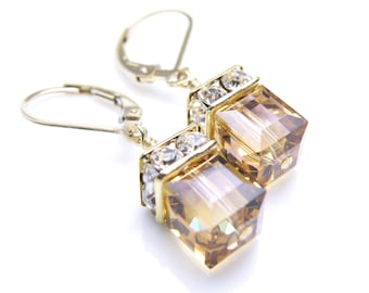 Yellow Topaz Crystal Earrings, Swarovski Cube Drop Earrings, Gold Filled, Bridesmaid Wedding Jewelry, November Birthday Birthstone Gift