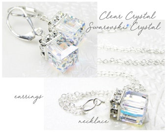 Clear Crystal Jewelry Set, Cube Necklace and Earrings, Sterling Silver, Bridesmaid Wedding Jewelry Set, Bridal Party Gift Set