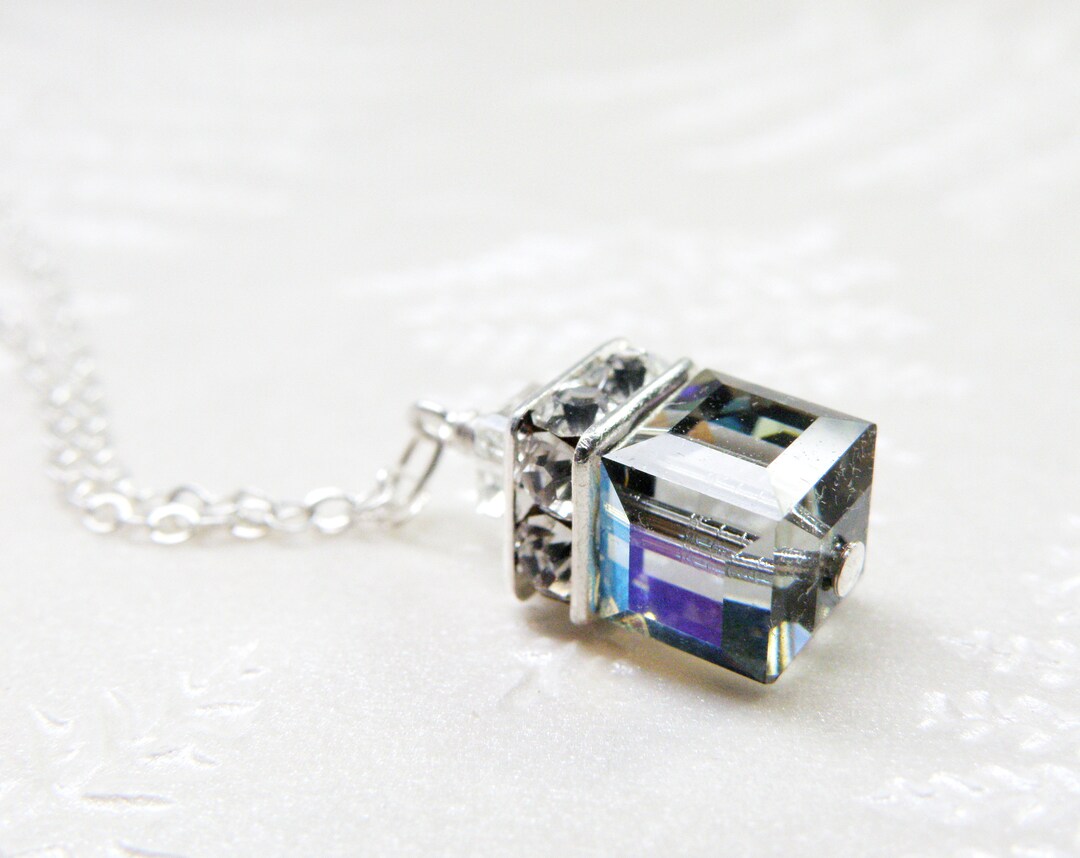 Black Diamond Crystal Necklace, Sterling Silver, Crystal Cube