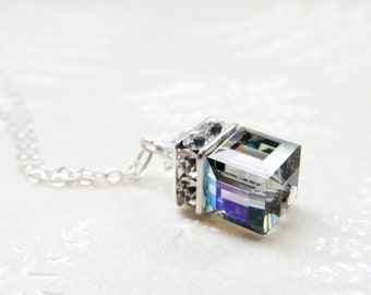 Black Diamond Crystal Necklace, Sterling Silver, Crystal Cube