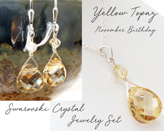 Light Yellow Topaz Teardrop Jewelry Set, Champagne Swarovski Crystal  Necklace and Earrings, Junior Bridesmaid Teen Wedding Jewelry Gift 